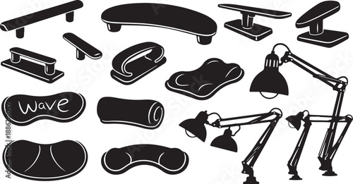 Collection of desk lamps and skateboards in black outline