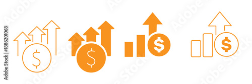 Dollar rate increase vector icon set. Rise cost vector illustration. Business money cash increase signs set