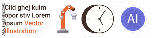 Automation, productivity optimization, industrial processes, time tracking, AI innovation, and technology concepts. Robotic arm, clock and AI symbol . Automation and productivity optimization