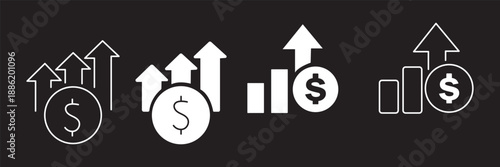 Dollar rate increase vector icon set. Rise cost vector illustration. Business money cash increase signs set