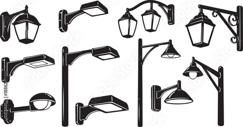 Various Street Lamp Illustrations in Black and White Color