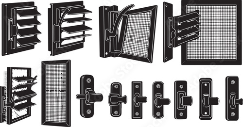 Various Window and Door Latch Hardware Components Illustrated