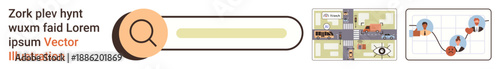 Online search, location tracking, digital navigation, social connections, data discovery, user interface. A search bar with map and network visuals. Online search and location tracking