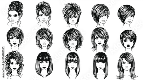 Collection of Fifteen Black and White Hand Drawn Vector Illustrations Featuring Diverse Women's Hairstyles from Short Bob to Long Curly Hair for Beauty Salon Design.