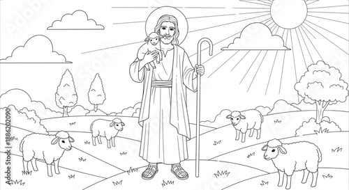 Good Shepherd Jesus with Lamb and Sheep in Peaceful Field Coloring Page for Kids Religious Education and Church Activities