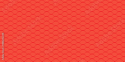Chinese Wave Seamless Pattern. Vector Red and Gold Japanese Texture. Oriental Circle Geometric Bg Design