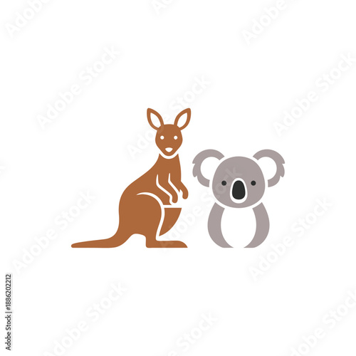 Brown kangaroo and gray koala standing.