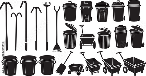 Collection of black trash cans and cleaning tools illustration