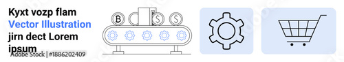 Factory conveyor belt transferring goods with currency symbols, a gear for process optimization, and a shopping cart for e-commerce. Ideal for manufacturing, logistics, technology, retail
