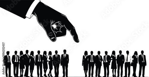 Giant hand choosing candidate from professional business team silhouettes, recruitment and human resources concept, corporate selection process, isolated vector illustration for career,