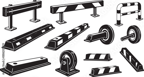Various road block barriers and construction signs illustration set