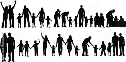 Family silhouettes collection, parents and children holding hands, diverse group of people, happy couples with kids, isolated vector set for family bonding, community, and togetherness.