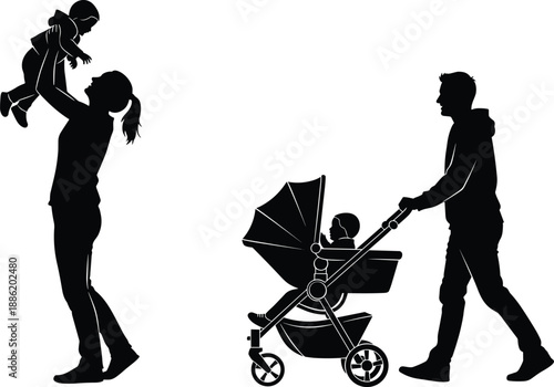 Happy parents with baby silhouettes, mother lifting infant, father walking with stroller, isolated vector set for family bonding, parenting, and childhood development,