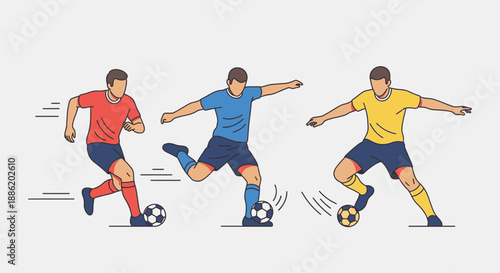 Dynamic flat vector illustration of a soccer player in action. Running, kicking, and passing the ball with moving lines. Modern minimalist sports illustration style.
