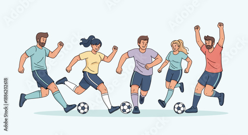 Dynamic flat vector illustration of a soccer player in action. Running, kicking, and passing the ball with moving lines. Modern minimalist sports illustration style.