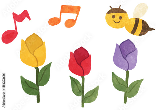 ミツバチとチューリップのイラスト
