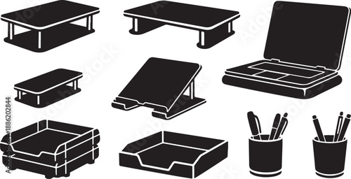 Collection of desk organizers and office supplies icons set