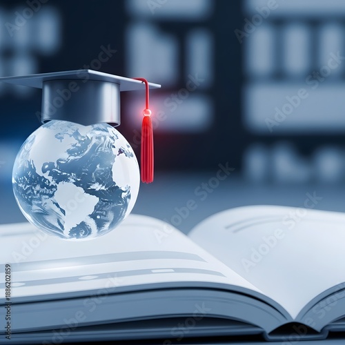 Crystal glass globe with graduation cap on open book for digital learning and global academic future