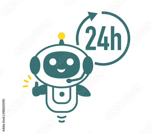 問合せが24時間対応可能をアピールする人工知能ロボットのイラスト。