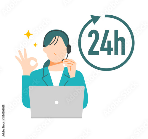 24時間対応可能をアピールするヘッドセットをしたコールセンターの女性のイラスト。