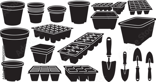 Gardening tools and plant pots in black and white