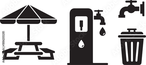 Black icons of outdoor picnic and water facilities together