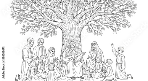 Adults and Children Learning from Teacher Under Tree. Peaceful Spiritual Guidance, Religious Education Coloring Page.
