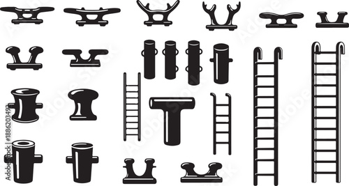 Collection of black and white industrial equipment icons set