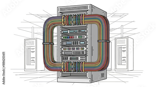 Detailed illustration of a server rack with numerous colorful cables forming a loop, depicting data flow and connectivity in a network environment.
