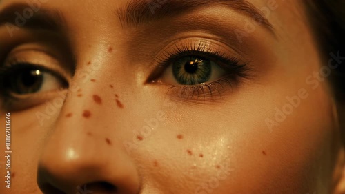 Extreme macro shot of a person’s face with freckles, sunlight hitting the skin, dewy natural makeup, soft golden hour glow, hyper-realistic iris details.