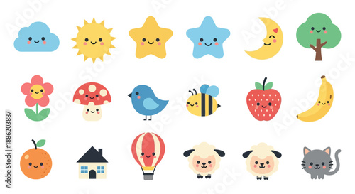 Cute Kawaii Icons: Nature, Animals, Food, Objects, Weather