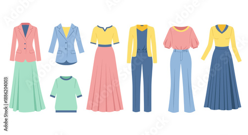 Flat lay collection of women's fashion outfits on white background