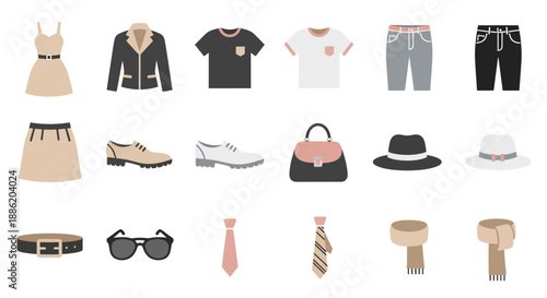 Fashion Clothing Icons Set: Dress, Jacket, T-shirt, Jeans, Shoes, Bag