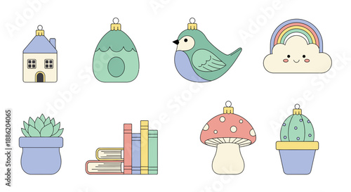 Cute Kawaii Christmas Ornaments: House, Bird, Cloud, Mushroom, Cactus