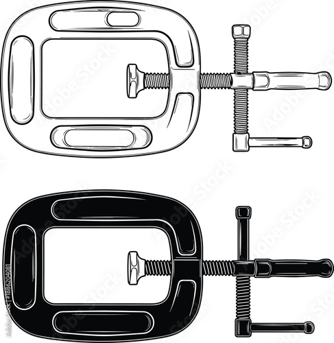 C clamp tool illustration in outline and solid silhouette style, showcasing mechanical fastening equipment, workshop hardware, metalworking and industrial hand tool design