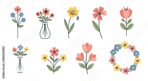 Cute Floral Elements: Vases, Wreath, and Single Flowers
