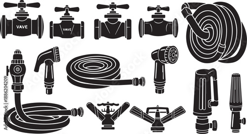 Black and white illustration of various plumbing equipment tools