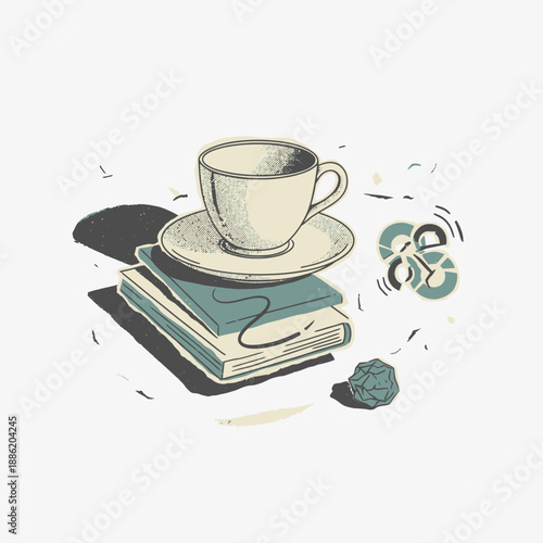 An illustration of a teacup and saucer resting on a stack of two books, with a crumpled paper ball and a stylized symbol nearby.