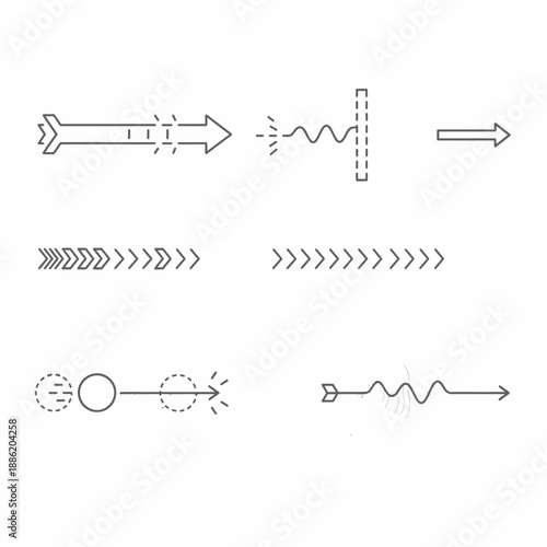Collection of diverse arrow designs and abstract line patterns illustrating direction, flow, and process concepts in a minimalist style.