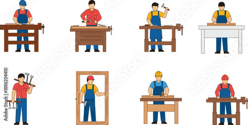 Carpenter and Woodworker Illustration Set Showing Craftsmen Using Tools at Workbenches, Flat Vector Design for Carpentry, Woodworking, Construction, and Manual Labor Concepts