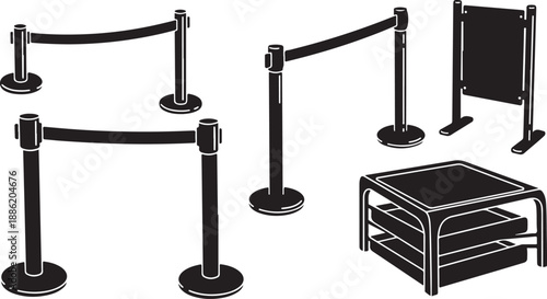 Black and white illustration of crowd control barriers isolated