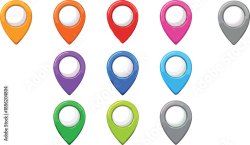 Colorful map location pin icon set illustration featuring navigation markers, GPS pointers, and destination symbols for travel, mobile apps, and web design projects