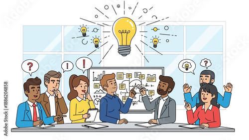 A diverse team of business professionals brainstorming new ideas and solutions in a collaborative office meeting with thought bubbles and lightbulb symbols.