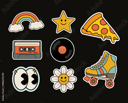 Playful Sticker Set Featuring Rainbow, Star, Pizza, Cassette, Vinyl, Eyes, Daisy and Roller Skate. Retro Groovy sticker collection