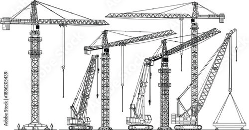 Construction crane technical illustration set featuring tower cranes and mobile cranes, detailed industrial line art machinery collection isolated on white background