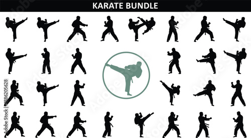Karate Bundle Silhouette Set with Multiple Fighting Poses, Kicks and Punches for Martial Arts Training, Self Defense, Combat Sport and Action Illustration Design