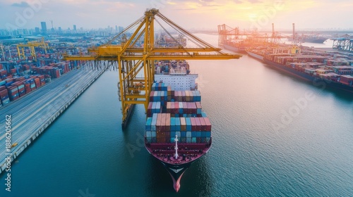 Crane lifts cargo container onto import container ship at international terminal in sea port during sunset