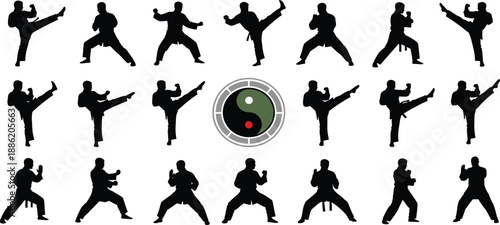 Karate Silhouette Collection with Multiple Fighting Stances, Kicks and Punches Featuring Yin Yang Symbol for Martial Arts Training, Self Defense and Combat Sport Design