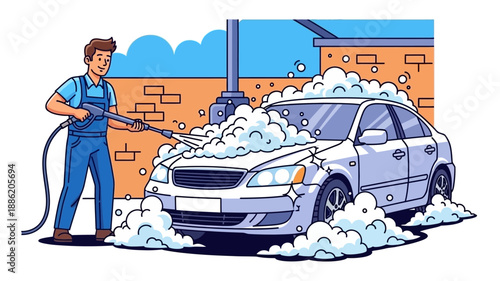 Man in blue overalls washing a silver car with a pressure washer, creating lots of white foam.