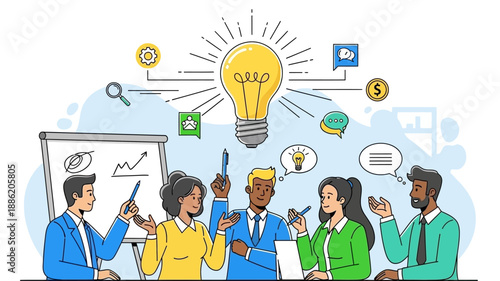 Diverse business team brainstorming new ideas and collaborating on a project with innovation symbols.